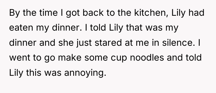 By the time I got back to the kitchen, Lily...