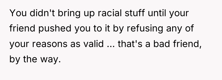 You didn't bring up racial stuff until your friend pushed...