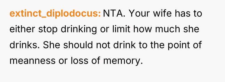 extinct_diplodocus NTA. Your wife has to either stop drinking or...