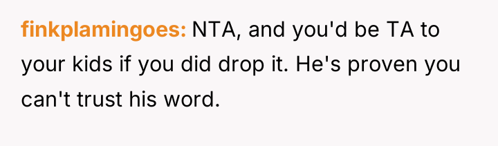 finkplamingoes NTA, and you'd be TA to your kids if...