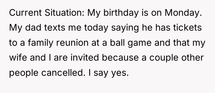 Current Situation: My birthday is on Monday. My dad texts...