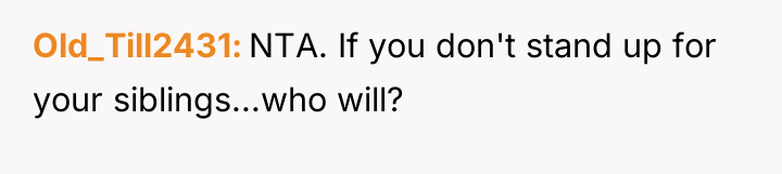 Old_Till2431 NTA. If you don't stand up for your siblings...who...