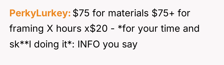 PerkyLurkey $75 for materials $75+ for framing X hours x$20...