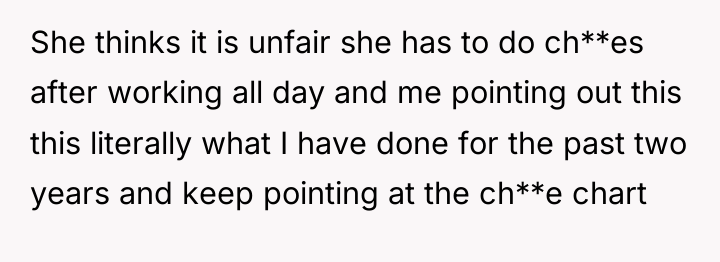 She thinks it is unfair she has to do ch**es...