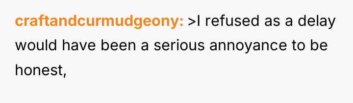 craftandcurmudgeony >I refused as a delay would have been a...