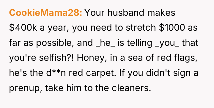 CookieMama28 Your husband makes $400k a year, you need to...