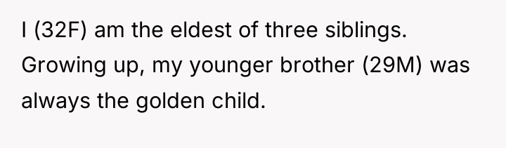 I (32F) am the eldest of three siblings. Growing up,...