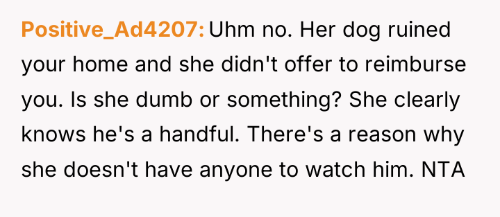 Positive_Ad4207 Uhm no. Her dog ruined your home and she...