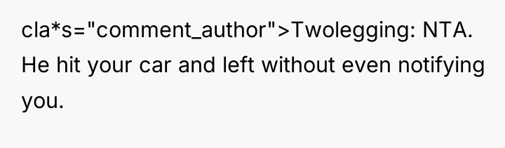 cla*s="comment_author">Twolegging: NTA. He hit your car and left without even...