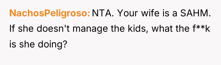 NachosPeligroso NTA. Your wife is a SAHM. If she doesn't...