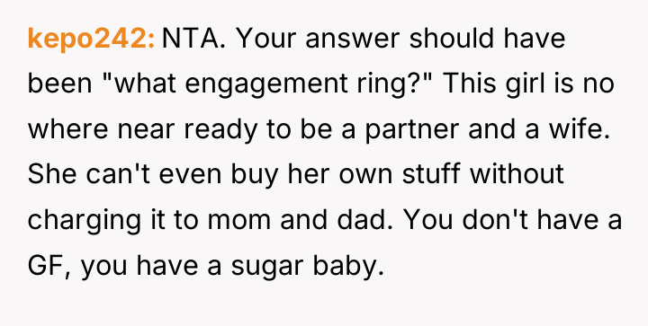 kepo242 NTA. Your answer should have been "what engagement ring?"...