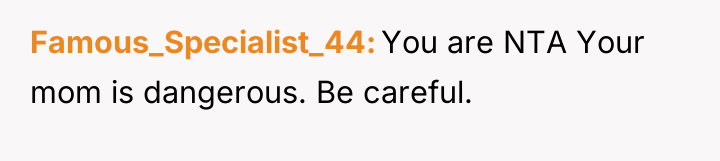 Famous_Specialist_44 You are NTA Your mom is dangerous. Be careful.