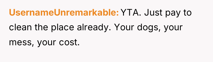 UsernameUnremarkable YTA. Just pay to clean the place already. Your...