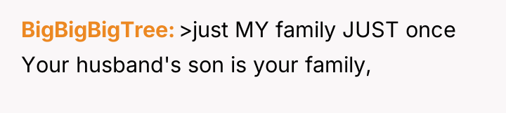 BigBigBigTree >just MY family JUST once Your husband's son is...