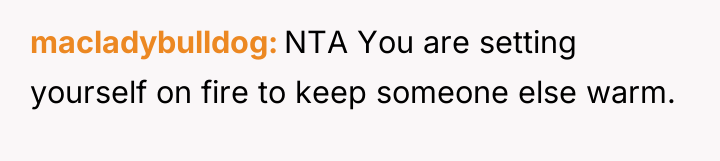 macladybulldog NTA You are setting yourself on fire to keep...