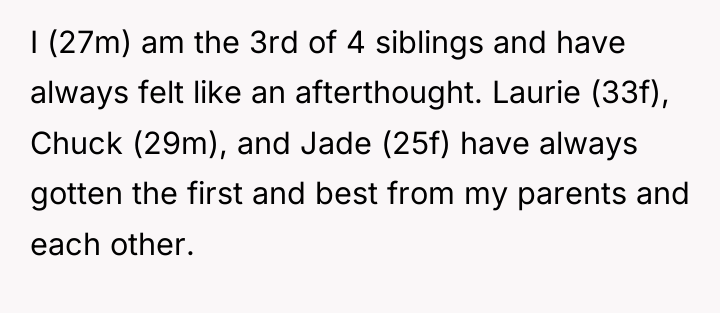 I (27m) am the 3rd of 4 siblings and have...