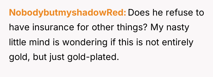NobodybutmyshadowRed Does he refuse to have insurance for other things?...
