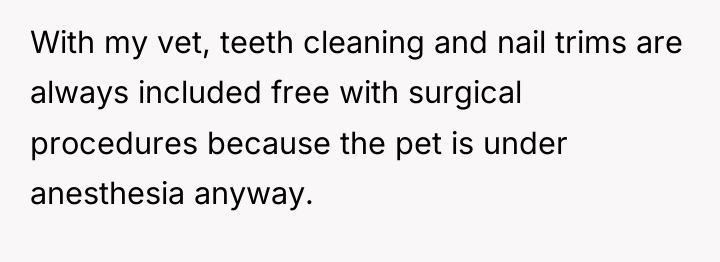 With my vet, teeth cleaning and nail trims are always...