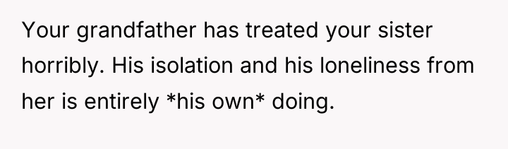 Your grandfather has treated your sister horribly. His isolation and...