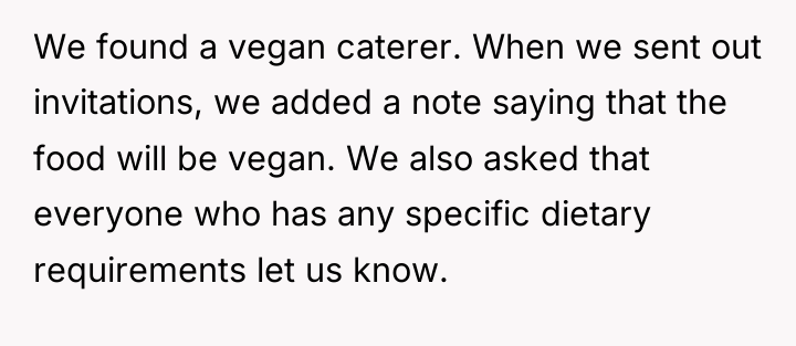 We found a vegan caterer. When we sent out invitations,...