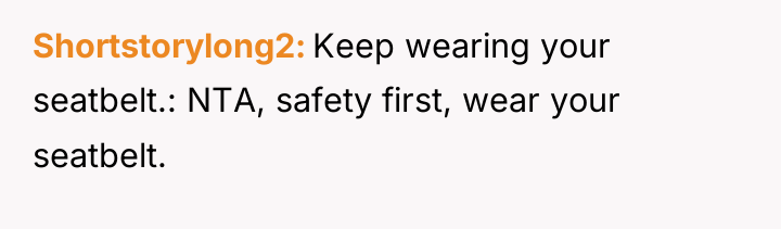 Shortstorylong2 Keep wearing your seatbelt.: NTA, safety first, wear your...