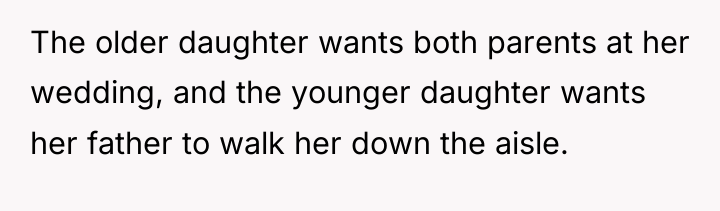 The older daughter wants both parents at her wedding, and...