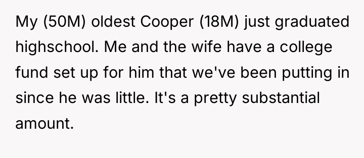 My (50M) oldest Cooper (18M) just graduated highschool. Me and...