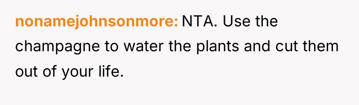 nonamejohnsonmore NTA. Use the champagne to water the plants and...