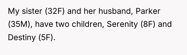 My sister (32F) and her husband, Parker (35M), have two...