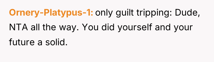 Ornery-Platypus-1 only guilt tripping: Dude, NTA all the way. You...