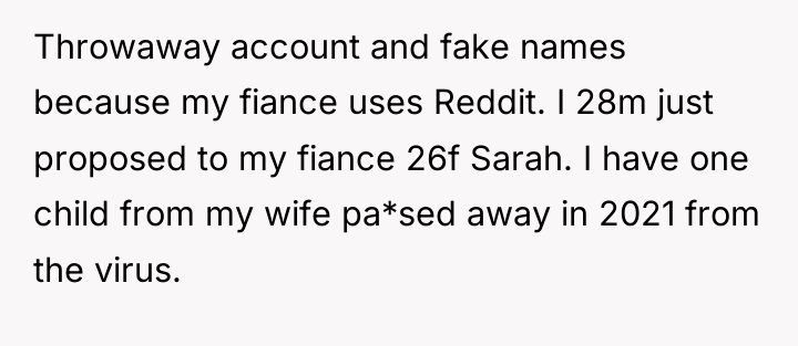 Throwaway account and fake names because my fiance uses Reddit....