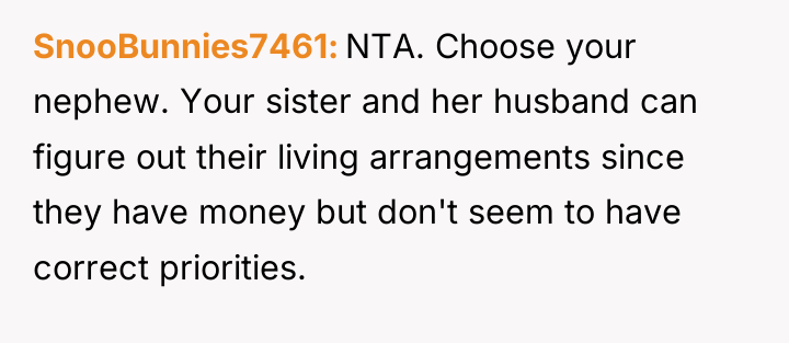SnooBunnies7461 NTA. Choose your nephew. Your sister and her husband...