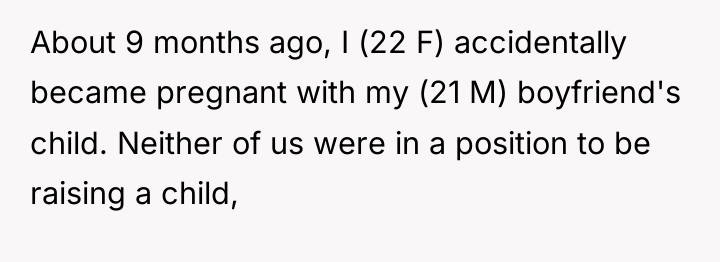 About 9 months ago, I (22 F) accidentally became pregnant...