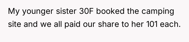 My younger sister 30F booked the camping site and we...