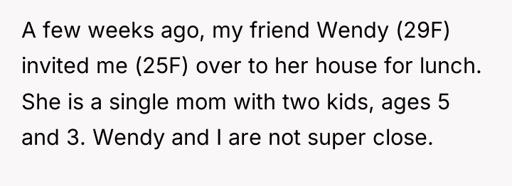 A few weeks ago, my friend Wendy (29F) invited me...