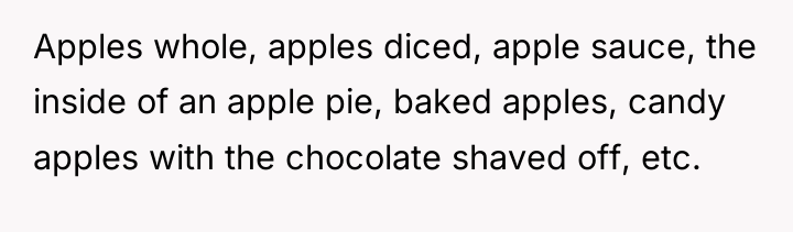 Apples whole, apples diced, apple sauce, the inside of an...