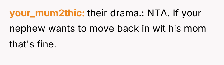 your_mum2thic their drama.: NTA. If your nephew wants to move...