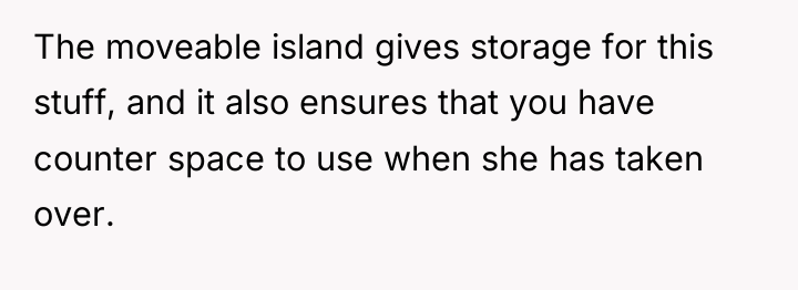 The moveable island gives storage for this stuff, and it...