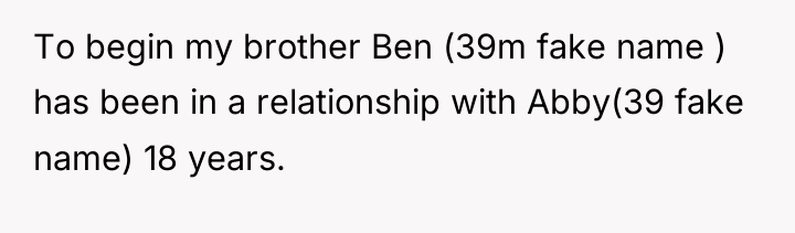 To begin my brother Ben (39m fake name ) has...