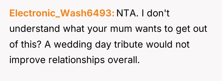 Electronic_Wash6493 NTA. I don't understand what your mum wants to...