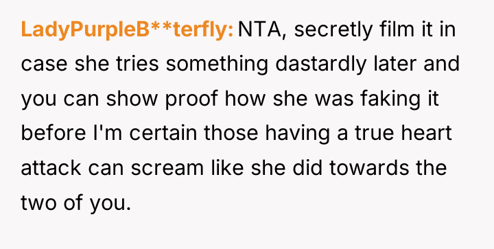 LadyPurpleB**terfly NTA, secretly film it in case she tries something...