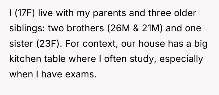 I (17F) live with my parents and three older siblings:...