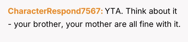 CharacterRespond7567 YTA. Think about it - your brother, your mother...