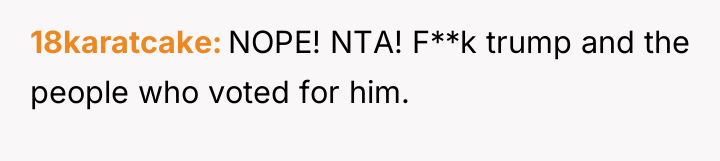 18karatcake NOPE! NTA! F**k trump and the people who voted...