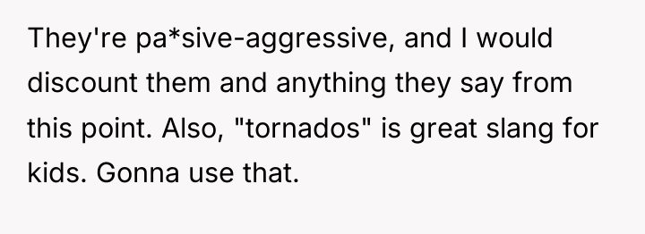 They're pa*sive-aggressive, and I would discount them and anything they...