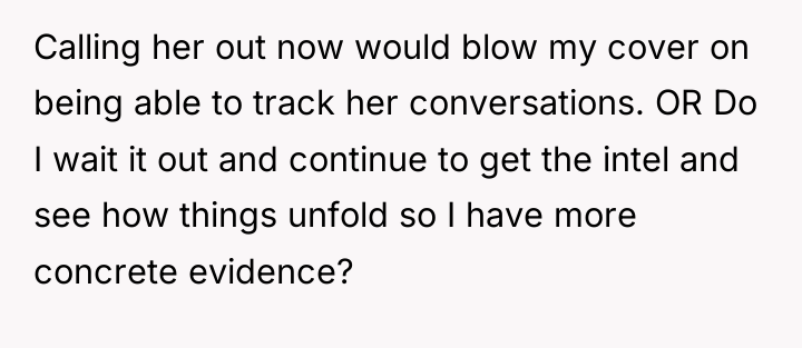Calling her out now would blow my cover on being...