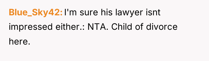 Blue_Sky42 I'm sure his lawyer isnt impressed either.: NTA. Child...