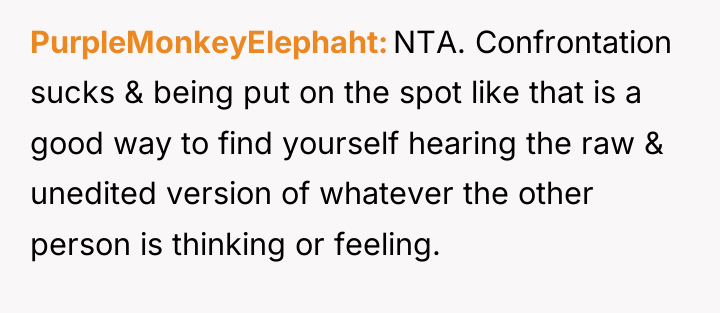 PurpleMonkeyElephaht NTA. Confrontation sucks & being put on the spot...