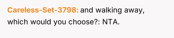 Careless-Set-3798 and walking away, which would you choose?: NTA.