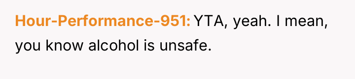 Hour-Performance-951 YTA, yeah. I mean, you know alcohol is unsafe.